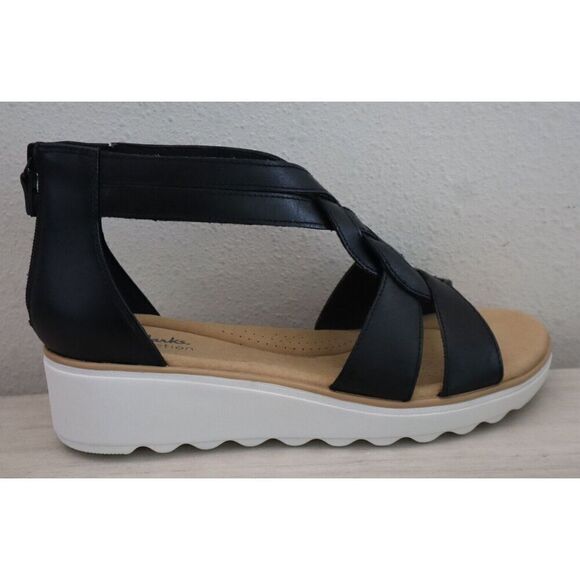 Collection x Clarks Wmn Sz 11 M Black Leather Jillian Bright Strappy Wedge Heels - Picture 9 of 12